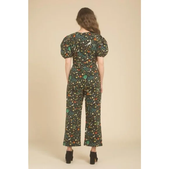 Samantha Pleet Garden Jumpsuit Puff Sleeve 2 Black Illuminated Ethereal Floral - Picture 7 of 14